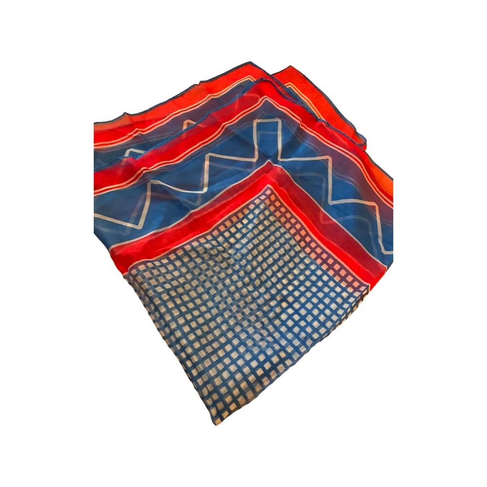 Vintage Sheer Blue and Red Scarf, Light Weight Thin Neck Scarf - Picture 7 of 7